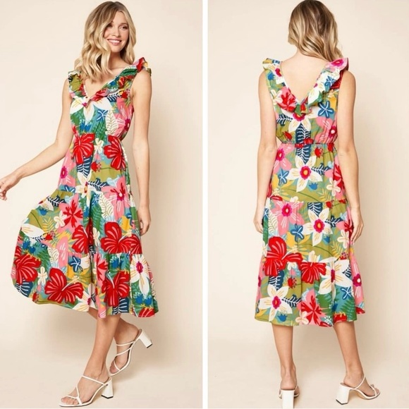 Sugarlips Dresses & Skirts - Boutique Floral Printed Ruffle Tiered Walk In The Garden Midi Dress Fun Party